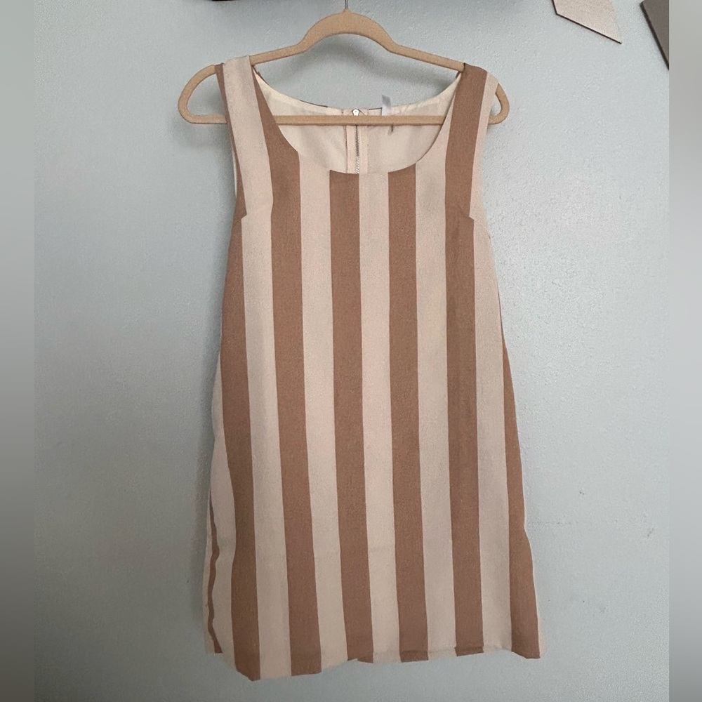 Glam Brand Tan and Cream Striped Overall Style Mini Dress